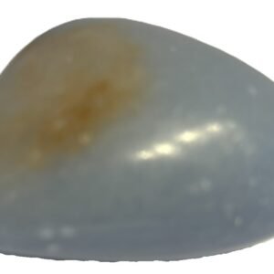 Smooth polished blue angelite carved heart crystal showing natural white mineral flecks on a white background